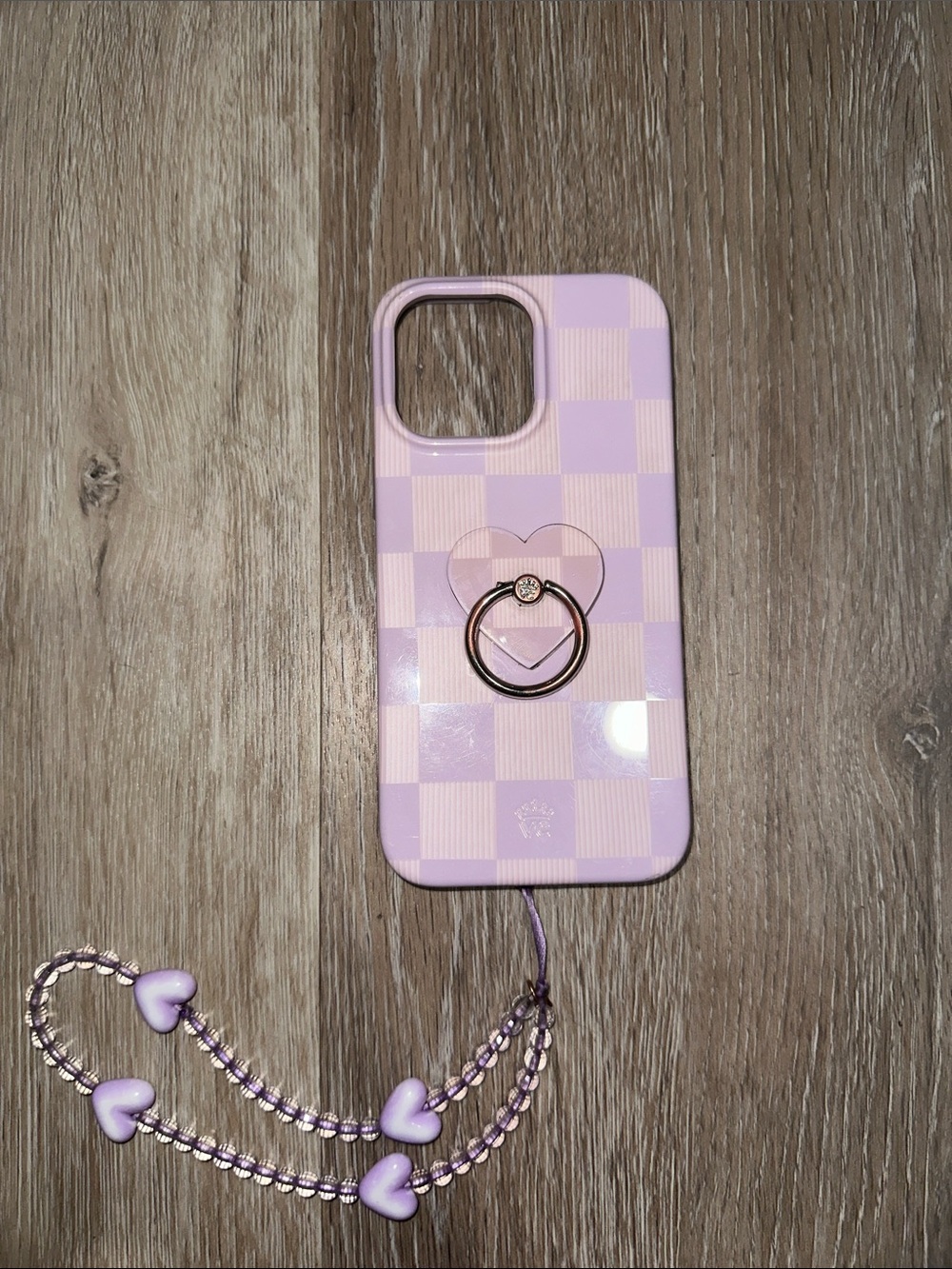 Pink Checkered Phone Case with Ring Holder and Beaded Charm - iPhone 14 Pro Max